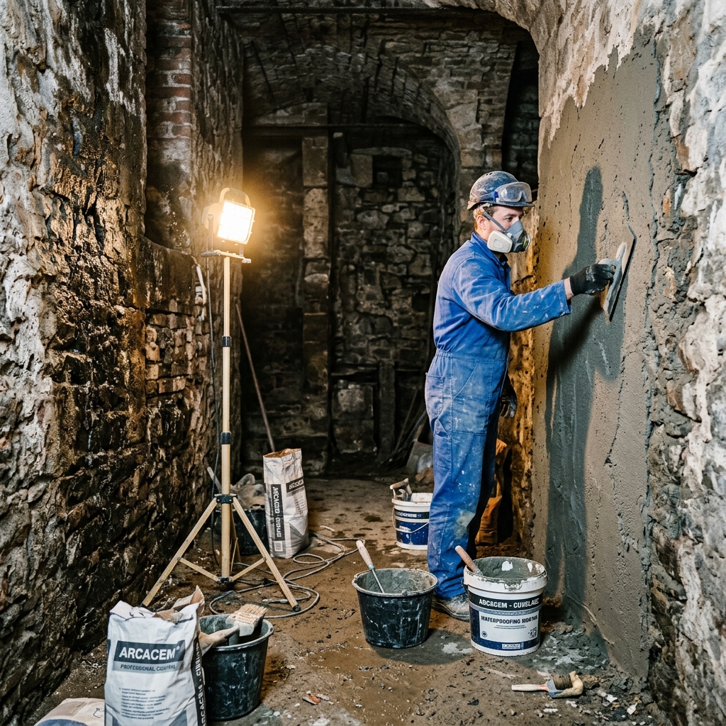 Technicien appliquant un enduit de cuvelage hydrofuge sur les murs en pierre d'une cave belge