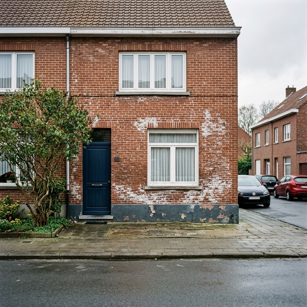 Maison belge en brique avec signes visibles de remontées capillaires et salpêtre sur la façade