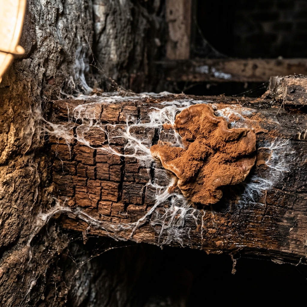 Mérule pleureuse (Serpula lacrymans) sur poutre en bois — champignon destructeur obligatoire à traiter
