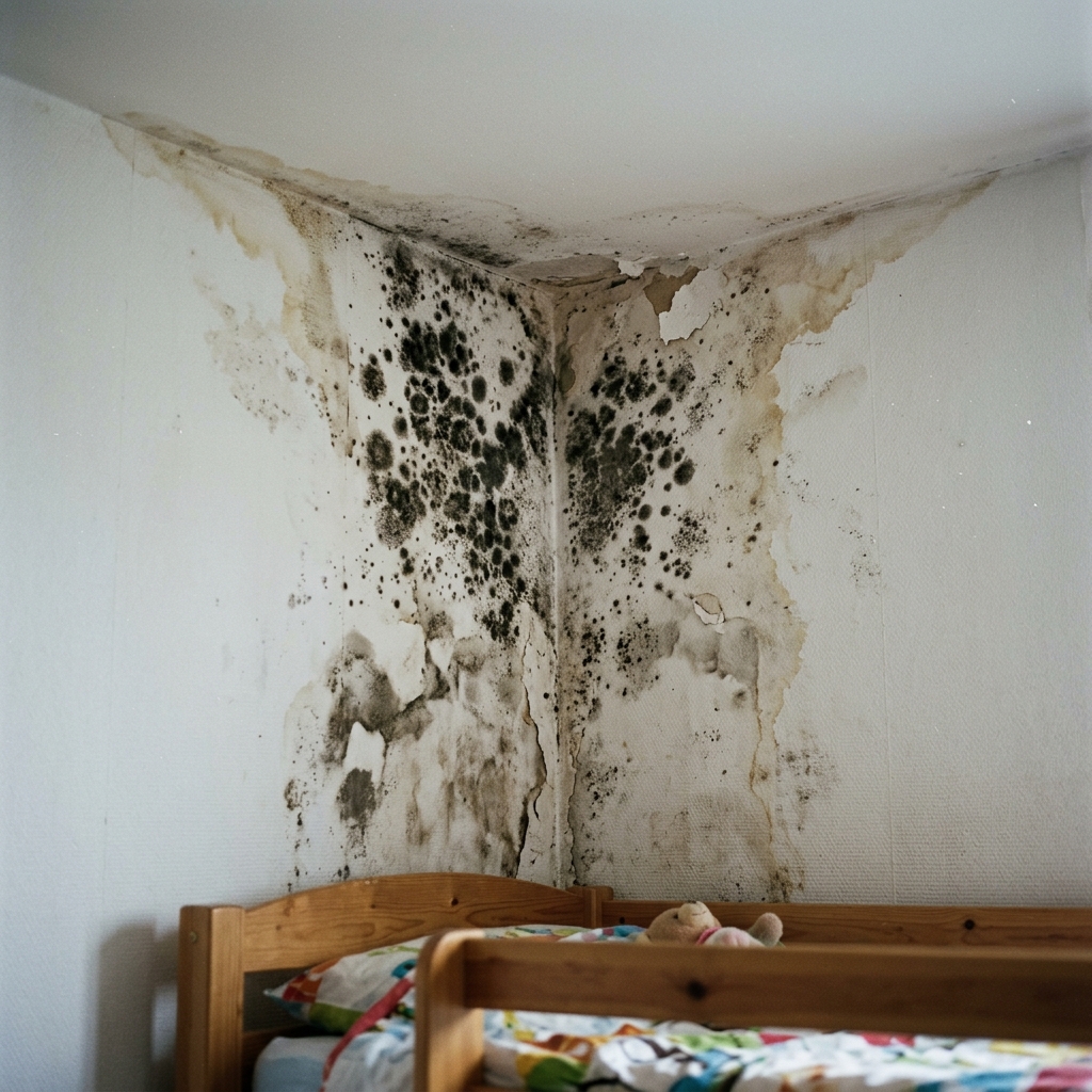 Moisissures noires dans une chambre d'enfant — risque sanitaire majeur lié à l'humidité